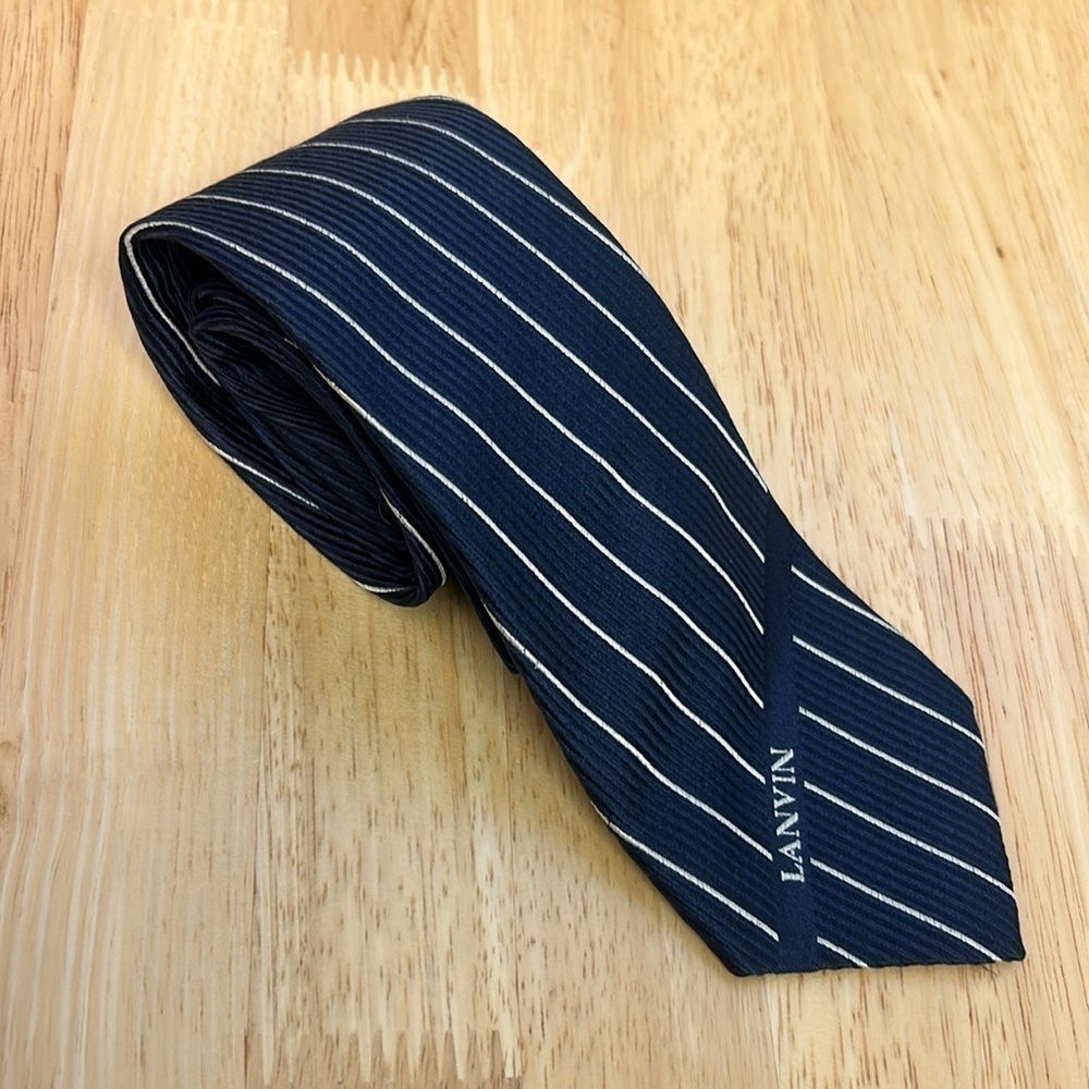 Lanvin Paris Pure Silk Navy Blue White Striped Tie Casa Jose Silva 3”